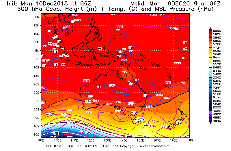 Mappa di analisi GFS - Geopotenziale [m] + Temp. [°C] a 500 hPa + Press. a livello del mare [hPa] in Oceania
									del 10/12/2018 06 <!--googleoff: index-->UTC<!--googleon: index-->