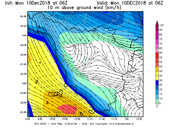 Mappa di analisi GFS - Velocità del vento a 10 metri dal suolo [km/h] in Toscana
							del 10/12/2018 06 <!--googleoff: index-->UTC<!--googleon: index-->