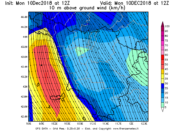 Mappa di analisi GFS - Velocità del vento a 10 metri dal suolo [km/h] in Toscana
							del 10/12/2018 12 <!--googleoff: index-->UTC<!--googleon: index-->