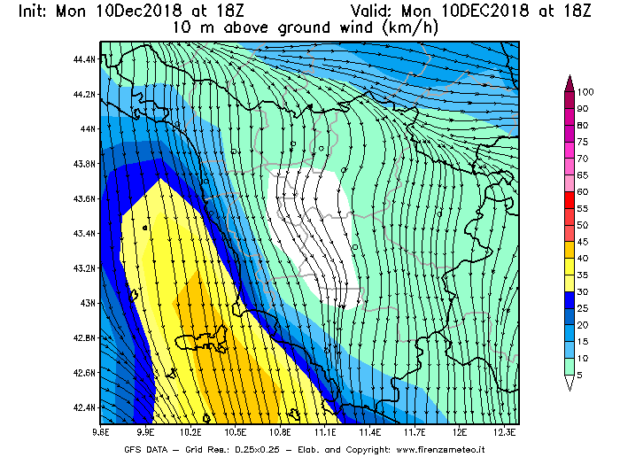 Mappa di analisi GFS - Velocità del vento a 10 metri dal suolo [km/h] in Toscana
									del 10/12/2018 18 <!--googleoff: index-->UTC<!--googleon: index-->