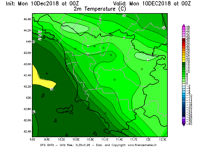 Mappa di analisi GFS - Temperatura a 2 metri dal suolo [°C] in Toscana
									del 10/12/2018 00 <!--googleoff: index-->UTC<!--googleon: index-->