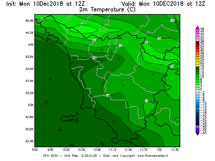 Mappa di analisi GFS - Temperatura a 2 metri dal suolo [°C] in Toscana
							del 10/12/2018 12 <!--googleoff: index-->UTC<!--googleon: index-->