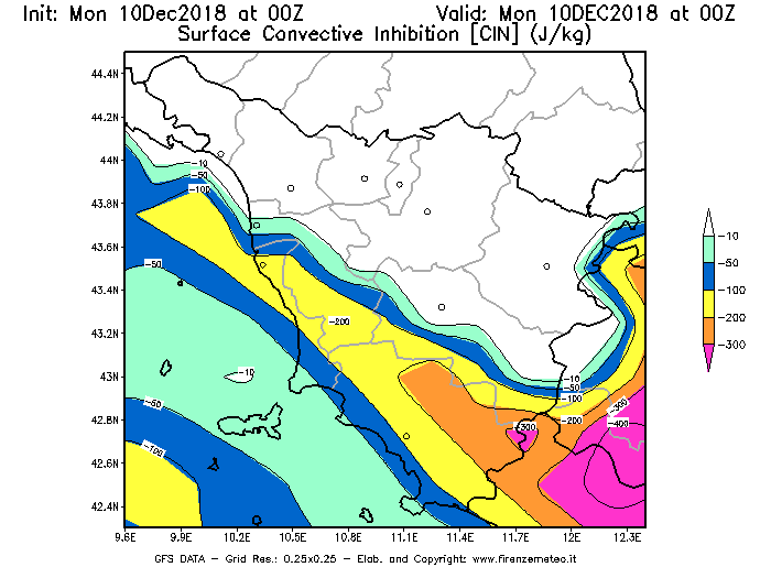 Mappa di analisi GFS - CIN [J/kg] in Toscana
									del 10/12/2018 00 <!--googleoff: index-->UTC<!--googleon: index-->
