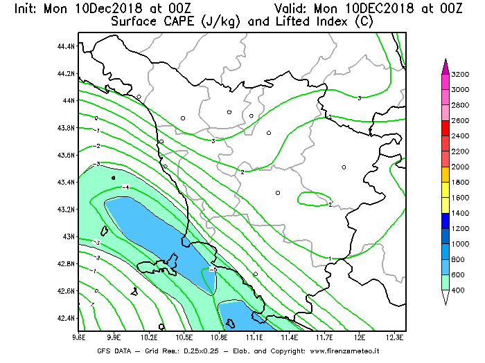 Mappa di analisi GFS - CAPE [J/kg] e Lifted Index [°C] in Toscana
									del 10/12/2018 00 <!--googleoff: index-->UTC<!--googleon: index-->
