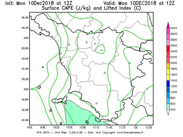 Mappa di analisi GFS - CAPE [J/kg] e Lifted Index [°C] in Toscana
							del 10/12/2018 12 <!--googleoff: index-->UTC<!--googleon: index-->