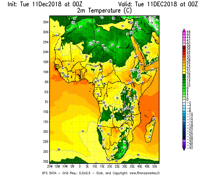 Mappa di analisi GFS - Temperatura a 2 metri dal suolo [°C] in Africa
									del 11/12/2018 00 <!--googleoff: index-->UTC<!--googleon: index-->