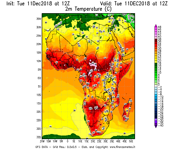 Mappa di analisi GFS - Temperatura a 2 metri dal suolo [°C] in Africa
							del 11/12/2018 12 <!--googleoff: index-->UTC<!--googleon: index-->