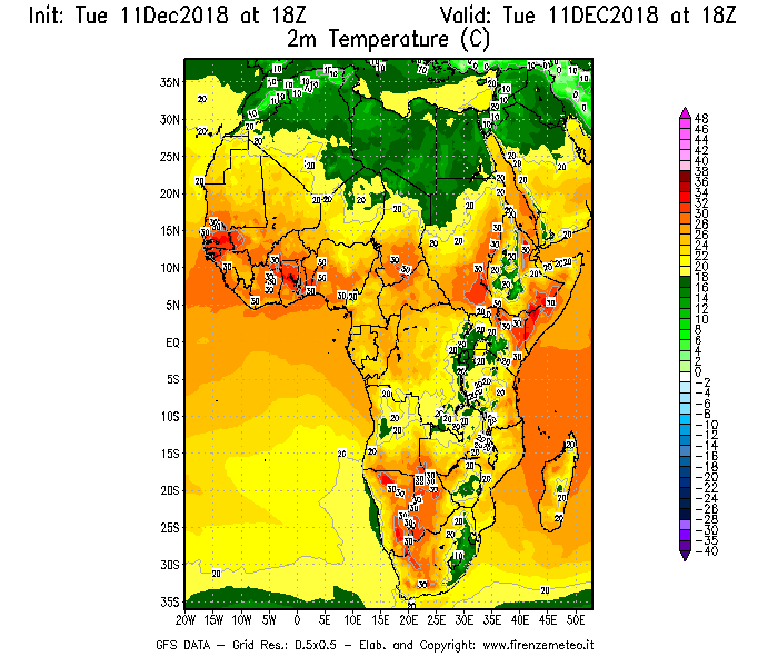 Mappa di analisi GFS - Temperatura a 2 metri dal suolo [°C] in Africa
							del 11/12/2018 18 <!--googleoff: index-->UTC<!--googleon: index-->