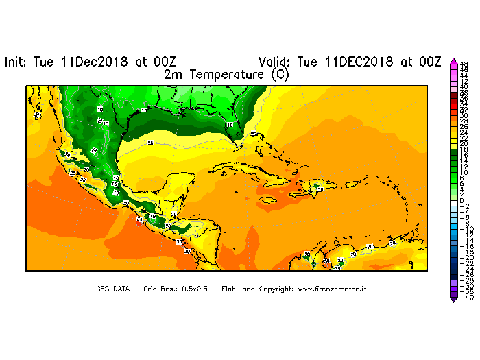 Mappa di analisi GFS - Temperatura a 2 metri dal suolo [°C] in Centro-America
							del 11/12/2018 00 <!--googleoff: index-->UTC<!--googleon: index-->