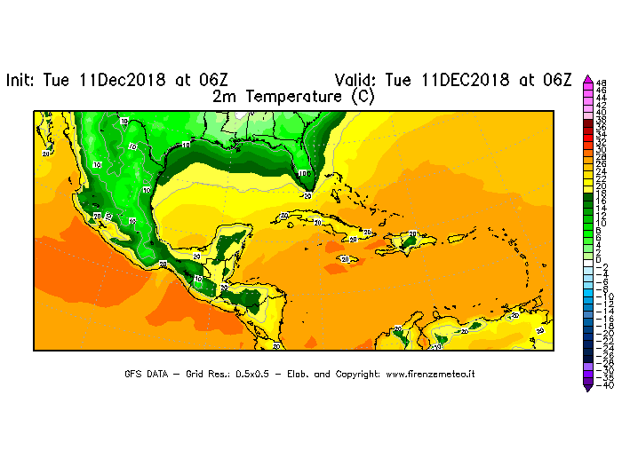 Mappa di analisi GFS - Temperatura a 2 metri dal suolo [°C] in Centro-America
									del 11/12/2018 06 <!--googleoff: index-->UTC<!--googleon: index-->