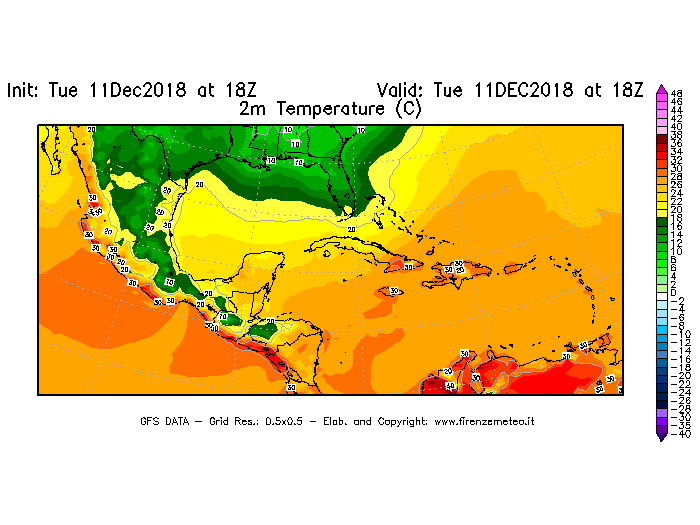 Mappa di analisi GFS - Temperatura a 2 metri dal suolo [°C] in Centro-America
									del 11/12/2018 18 <!--googleoff: index-->UTC<!--googleon: index-->