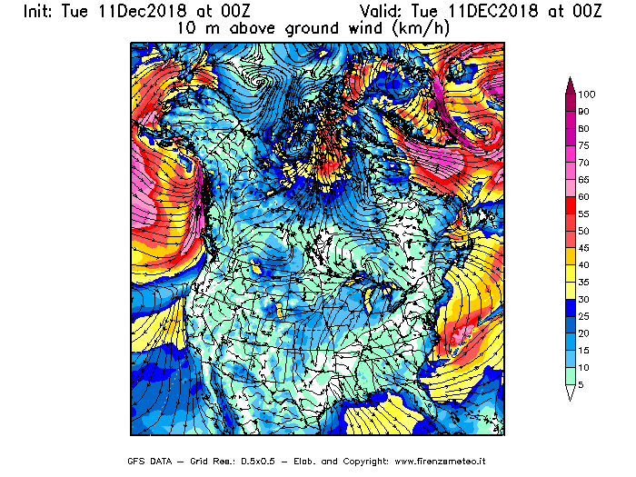 Mappa di analisi GFS - Velocità del vento a 10 metri dal suolo [km/h] in Nord-America
									del 11/12/2018 00 <!--googleoff: index-->UTC<!--googleon: index-->