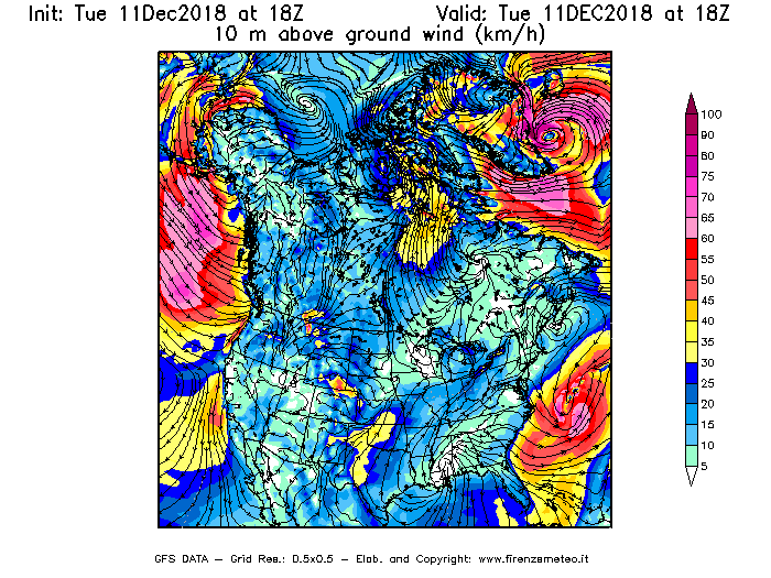 Mappa di analisi GFS - Velocità del vento a 10 metri dal suolo [km/h] in Nord-America
									del 11/12/2018 18 <!--googleoff: index-->UTC<!--googleon: index-->