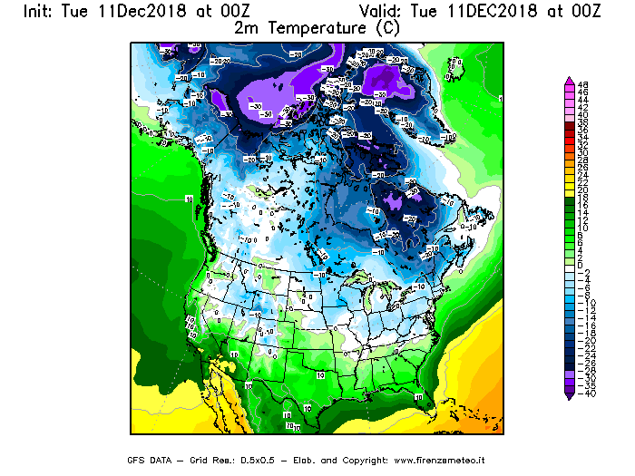 Mappa di analisi GFS - Temperatura a 2 metri dal suolo [°C] in Nord-America
							del 11/12/2018 00 <!--googleoff: index-->UTC<!--googleon: index-->