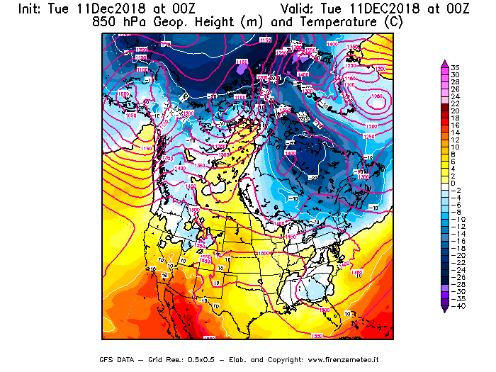 Mappa di analisi GFS - Geopotenziale [m] e Temperatura [°C] a 850 hPa in Nord-America
							del 11/12/2018 00 <!--googleoff: index-->UTC<!--googleon: index-->