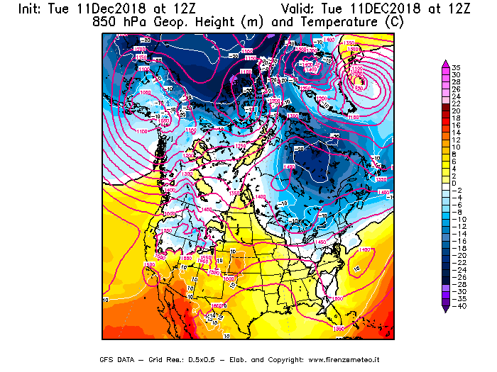 Mappa di analisi GFS - Geopotenziale [m] e Temperatura [°C] a 850 hPa in Nord-America
							del 11/12/2018 12 <!--googleoff: index-->UTC<!--googleon: index-->
