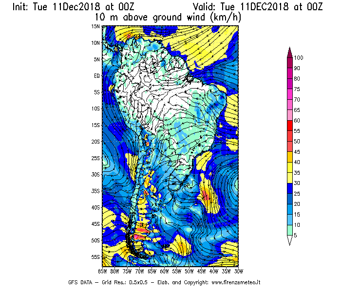Mappa di analisi GFS - Velocità del vento a 10 metri dal suolo [km/h] in Sud-America
									del 11/12/2018 00 <!--googleoff: index-->UTC<!--googleon: index-->