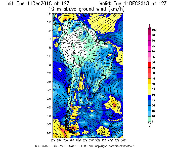 Mappa di analisi GFS - Velocità del vento a 10 metri dal suolo [km/h] in Sud-America
									del 11/12/2018 12 <!--googleoff: index-->UTC<!--googleon: index-->