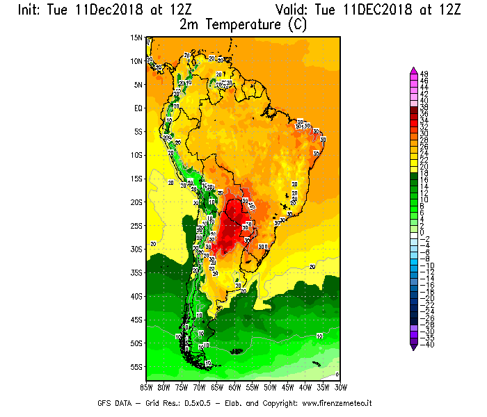 Mappa di analisi GFS - Temperatura a 2 metri dal suolo [°C] in Sud-America
									del 11/12/2018 12 <!--googleoff: index-->UTC<!--googleon: index-->
