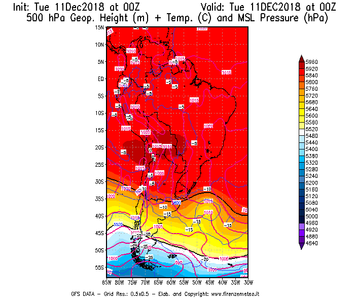 Mappa di analisi GFS - Geopotenziale [m] + Temp. [°C] a 500 hPa + Press. a livello del mare [hPa] in Sud-America
							del 11/12/2018 00 <!--googleoff: index-->UTC<!--googleon: index-->