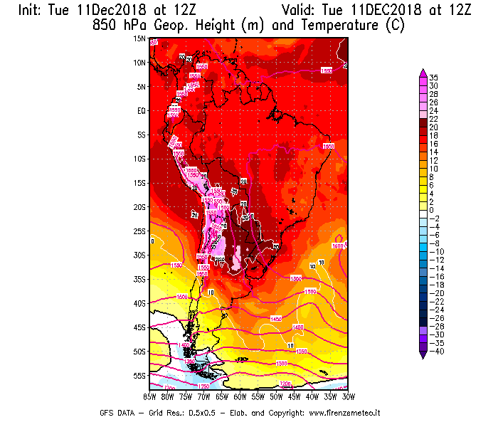 Mappa di analisi GFS - Geopotenziale [m] e Temperatura [°C] a 850 hPa in Sud-America
							del 11/12/2018 12 <!--googleoff: index-->UTC<!--googleon: index-->