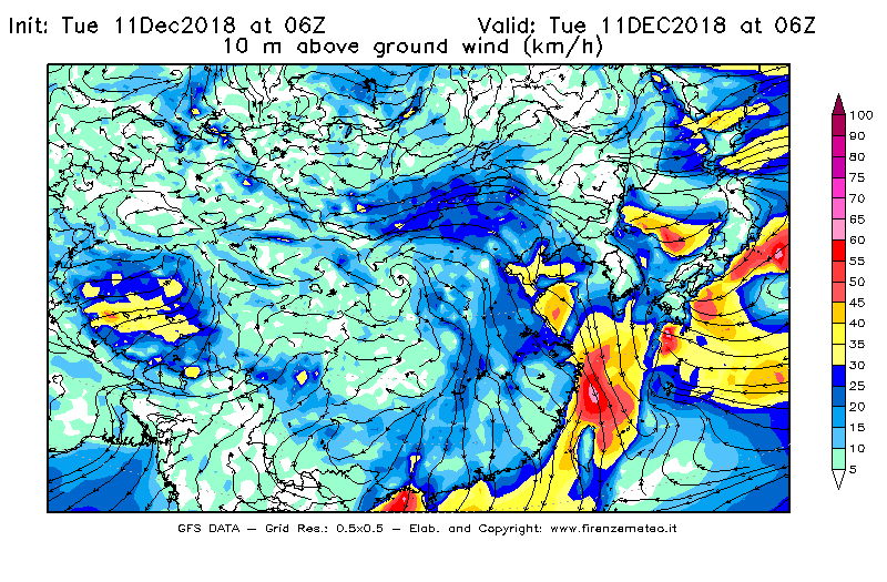 Mappa di analisi GFS - Velocità del vento a 10 metri dal suolo [km/h] in Asia Orientale
							del 11/12/2018 06 <!--googleoff: index-->UTC<!--googleon: index-->