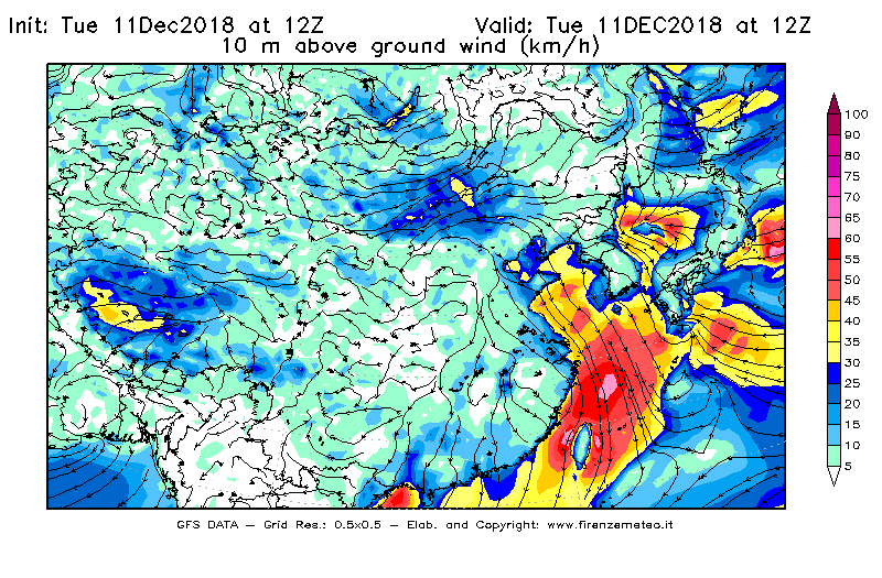 Mappa di analisi GFS - Velocità del vento a 10 metri dal suolo [km/h] in Asia Orientale
							del 11/12/2018 12 <!--googleoff: index-->UTC<!--googleon: index-->