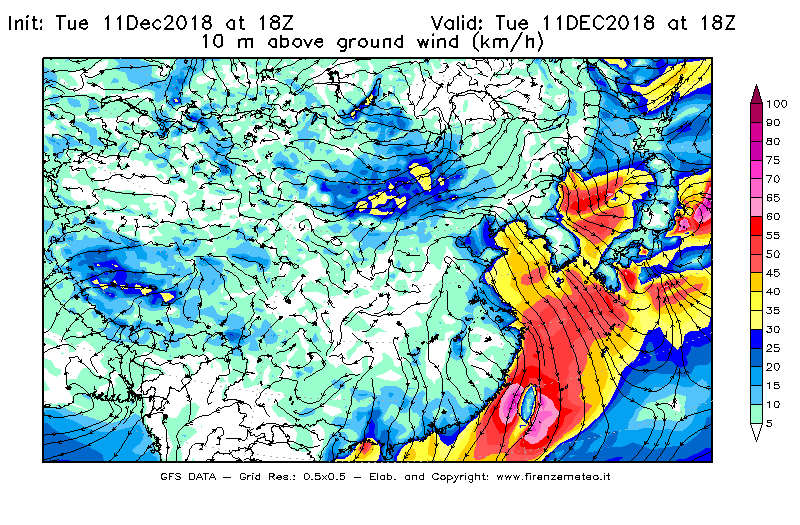 Mappa di analisi GFS - Velocità del vento a 10 metri dal suolo [km/h] in Asia Orientale
									del 11/12/2018 18 <!--googleoff: index-->UTC<!--googleon: index-->