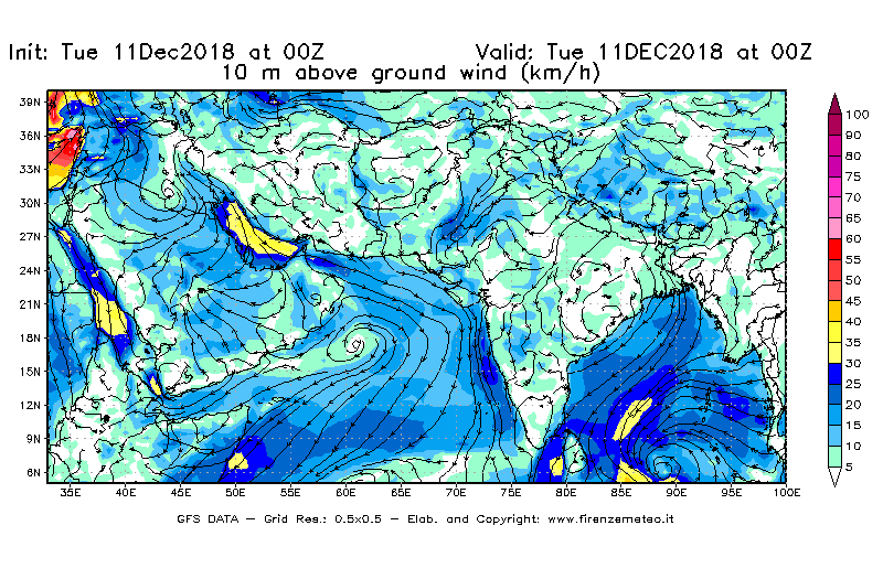 Mappa di analisi GFS - Velocità del vento a 10 metri dal suolo [km/h] in Asia Sud-Occidentale
							del 11/12/2018 00 <!--googleoff: index-->UTC<!--googleon: index-->