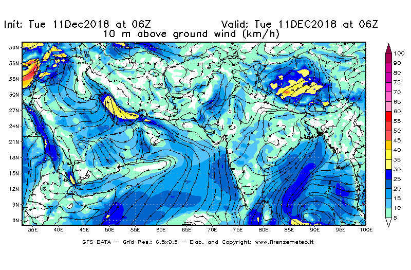 Mappa di analisi GFS - Velocità del vento a 10 metri dal suolo [km/h] in Asia Sud-Occidentale
							del 11/12/2018 06 <!--googleoff: index-->UTC<!--googleon: index-->