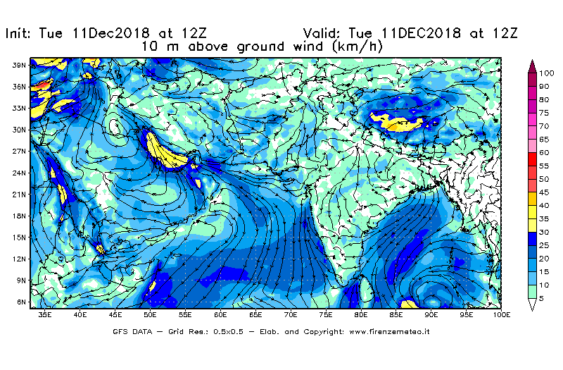 Mappa di analisi GFS - Velocità del vento a 10 metri dal suolo [km/h] in Asia Sud-Occidentale
							del 11/12/2018 12 <!--googleoff: index-->UTC<!--googleon: index-->