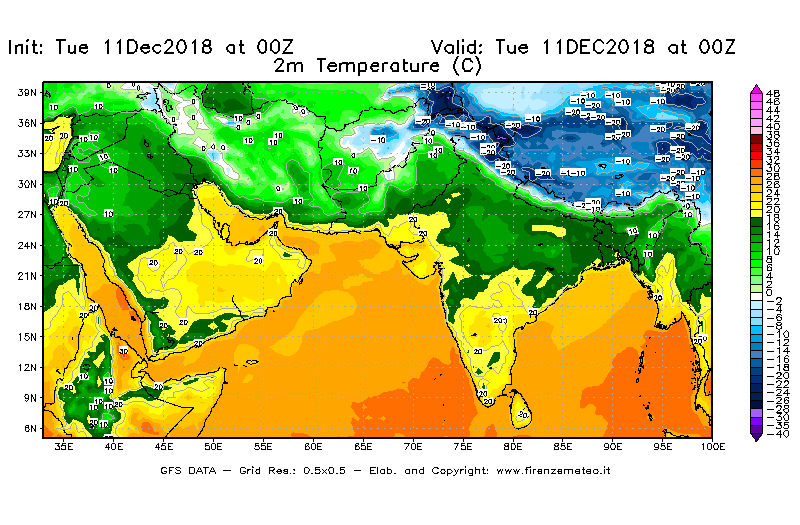 Mappa di analisi GFS - Temperatura a 2 metri dal suolo [°C] in Asia Sud-Occidentale
							del 11/12/2018 00 <!--googleoff: index-->UTC<!--googleon: index-->