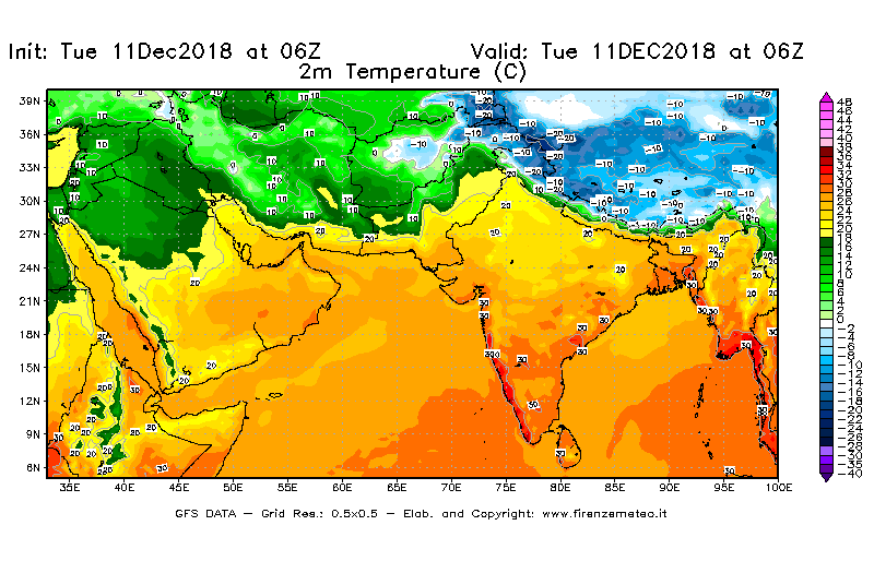Mappa di analisi GFS - Temperatura a 2 metri dal suolo [°C] in Asia Sud-Occidentale
									del 11/12/2018 06 <!--googleoff: index-->UTC<!--googleon: index-->