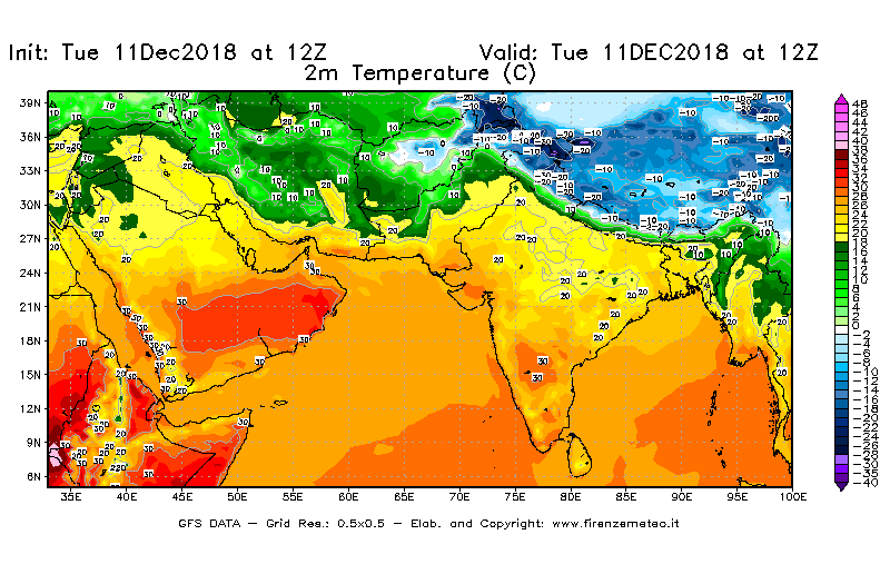 Mappa di analisi GFS - Temperatura a 2 metri dal suolo [°C] in Asia Sud-Occidentale
							del 11/12/2018 12 <!--googleoff: index-->UTC<!--googleon: index-->