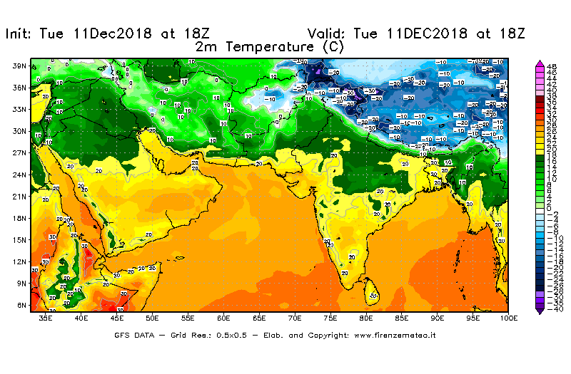 Mappa di analisi GFS - Temperatura a 2 metri dal suolo [°C] in Asia Sud-Occidentale
									del 11/12/2018 18 <!--googleoff: index-->UTC<!--googleon: index-->