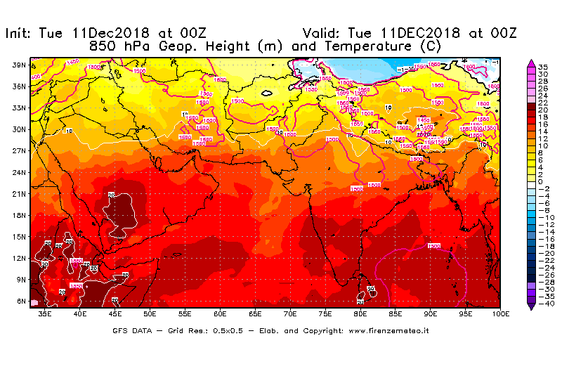 Mappa di analisi GFS - Geopotenziale [m] e Temperatura [°C] a 850 hPa in Asia Sud-Occidentale
									del 11/12/2018 00 <!--googleoff: index-->UTC<!--googleon: index-->