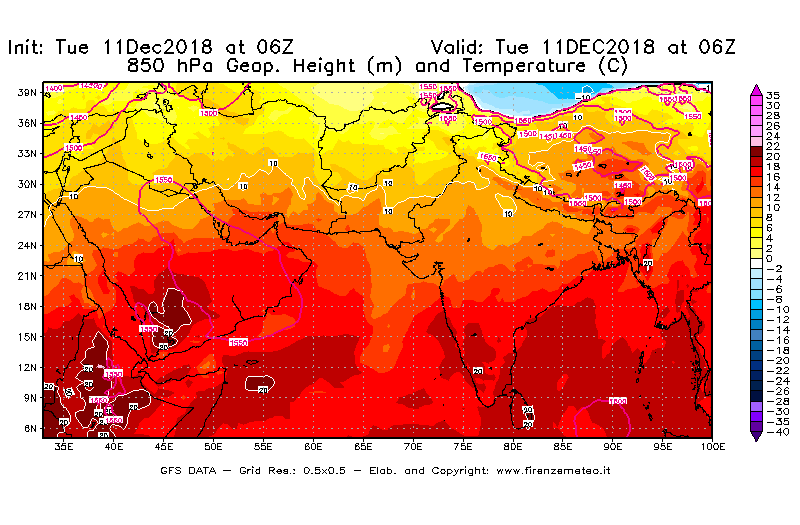 Mappa di analisi GFS - Geopotenziale [m] e Temperatura [°C] a 850 hPa in Asia Sud-Occidentale
							del 11/12/2018 06 <!--googleoff: index-->UTC<!--googleon: index-->