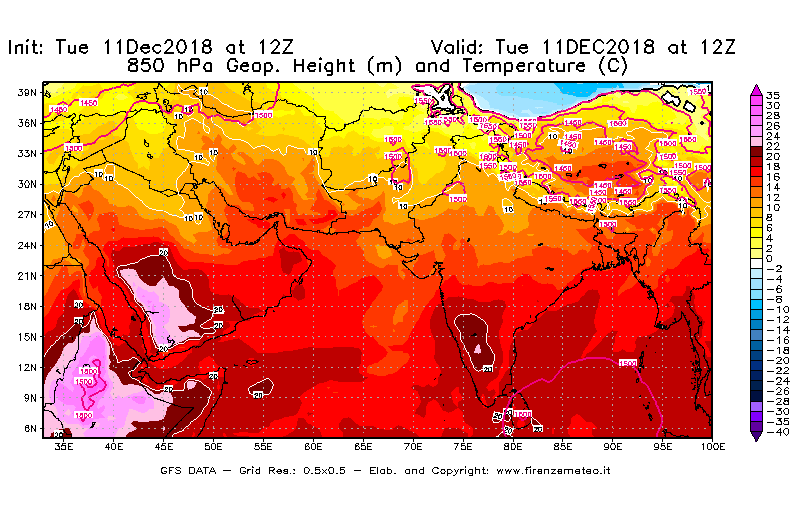 Mappa di analisi GFS - Geopotenziale [m] e Temperatura [°C] a 850 hPa in Asia Sud-Occidentale
									del 11/12/2018 12 <!--googleoff: index-->UTC<!--googleon: index-->
