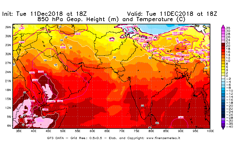 Mappa di analisi GFS - Geopotenziale [m] e Temperatura [°C] a 850 hPa in Asia Sud-Occidentale
							del 11/12/2018 18 <!--googleoff: index-->UTC<!--googleon: index-->