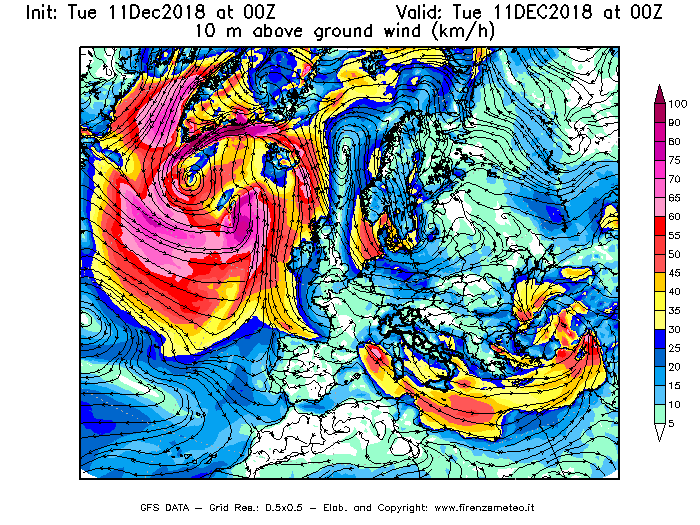 Mappa di analisi GFS - Velocità del vento a 10 metri dal suolo [km/h] in Europa
									del 11/12/2018 00 <!--googleoff: index-->UTC<!--googleon: index-->