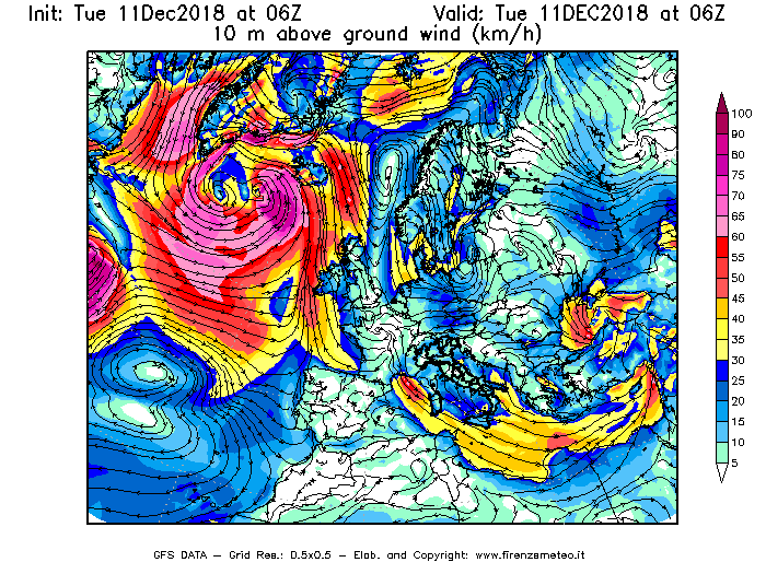 Mappa di analisi GFS - Velocità del vento a 10 metri dal suolo [km/h] in Europa
									del 11/12/2018 06 <!--googleoff: index-->UTC<!--googleon: index-->
