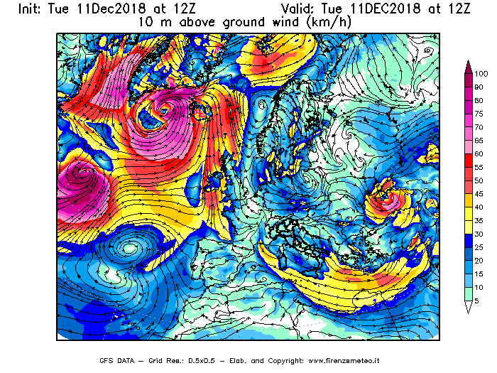 Mappa di analisi GFS - Velocità del vento a 10 metri dal suolo [km/h] in Europa
									del 11/12/2018 12 <!--googleoff: index-->UTC<!--googleon: index-->