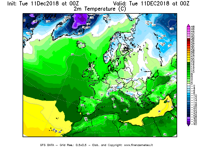 Mappa di analisi GFS - Temperatura a 2 metri dal suolo [°C] in Europa
							del 11/12/2018 00 <!--googleoff: index-->UTC<!--googleon: index-->