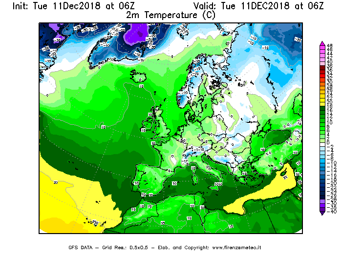 Mappa di analisi GFS - Temperatura a 2 metri dal suolo [°C] in Europa
							del 11/12/2018 06 <!--googleoff: index-->UTC<!--googleon: index-->
