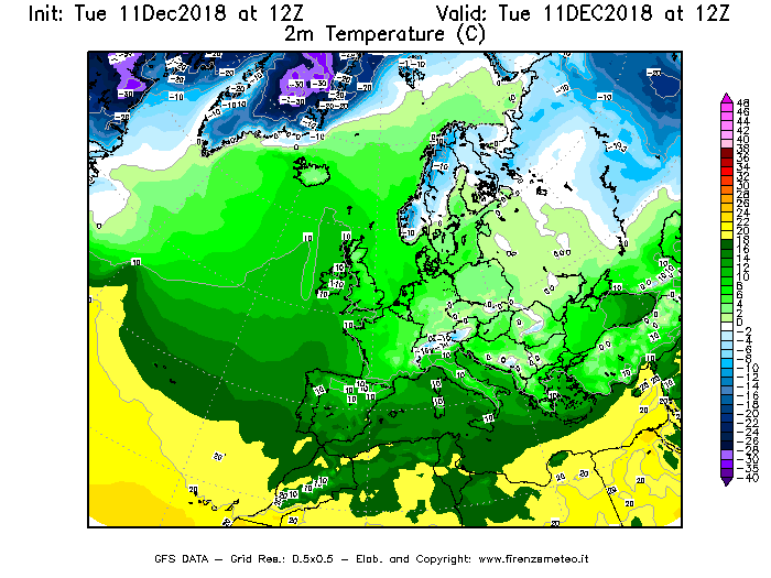 Mappa di analisi GFS - Temperatura a 2 metri dal suolo [°C] in Europa
							del 11/12/2018 12 <!--googleoff: index-->UTC<!--googleon: index-->