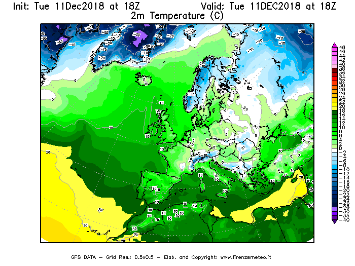 Mappa di analisi GFS - Temperatura a 2 metri dal suolo [°C] in Europa
							del 11/12/2018 18 <!--googleoff: index-->UTC<!--googleon: index-->