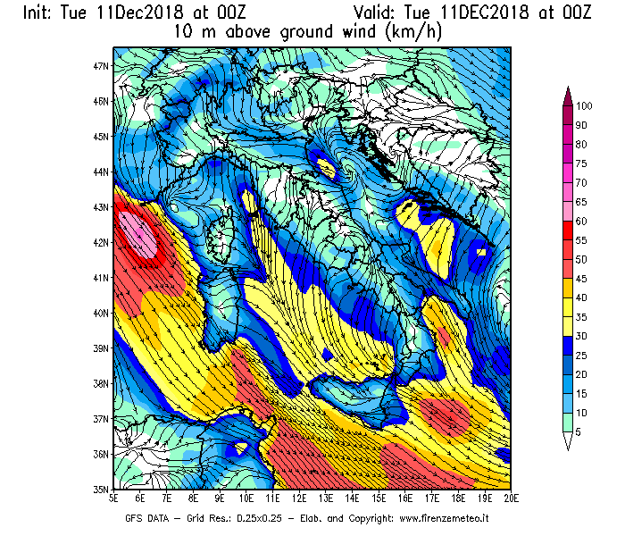 Mappa di analisi GFS - Velocità del vento a 10 metri dal suolo [km/h] in Italia
							del 11/12/2018 00 <!--googleoff: index-->UTC<!--googleon: index-->