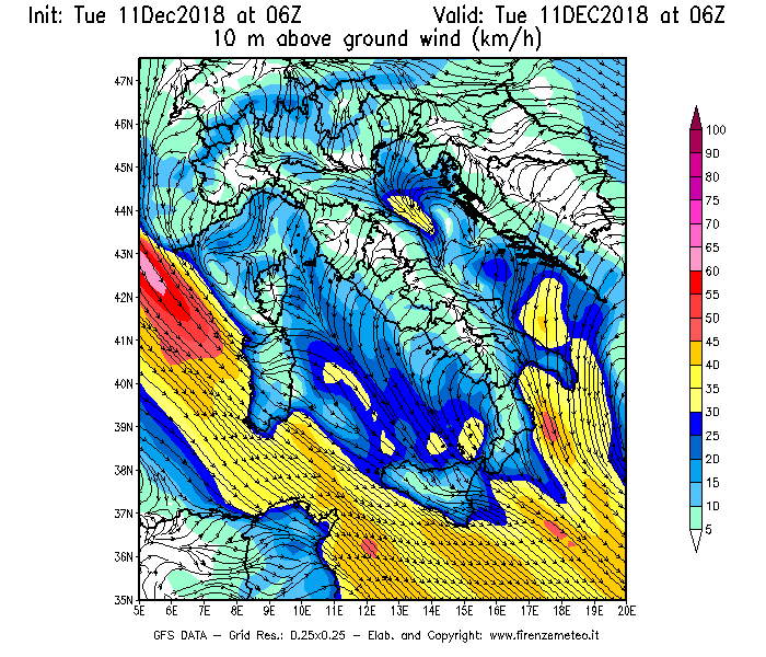 Mappa di analisi GFS - Velocità del vento a 10 metri dal suolo [km/h] in Italia
							del 11/12/2018 06 <!--googleoff: index-->UTC<!--googleon: index-->
