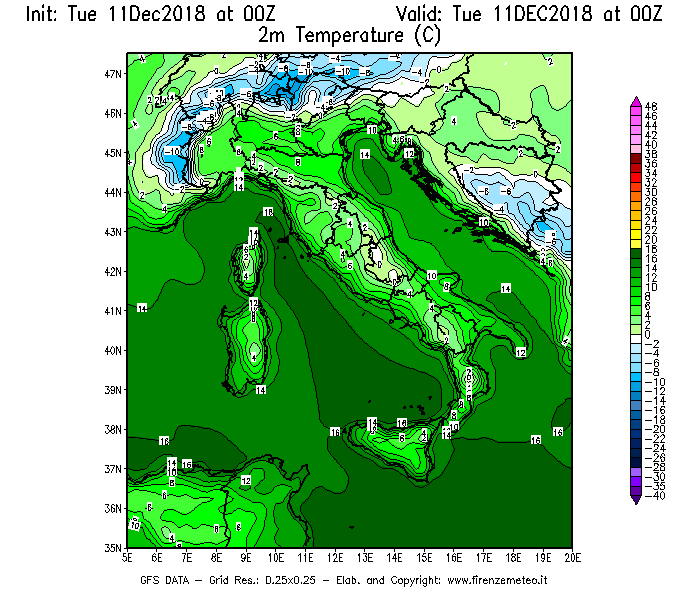 Mappa di analisi GFS - Temperatura a 2 metri dal suolo [°C] in Italia
									del 11/12/2018 00 <!--googleoff: index-->UTC<!--googleon: index-->