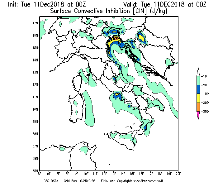 Mappa di analisi GFS - CIN [J/kg] in Italia
							del 11/12/2018 00 <!--googleoff: index-->UTC<!--googleon: index-->